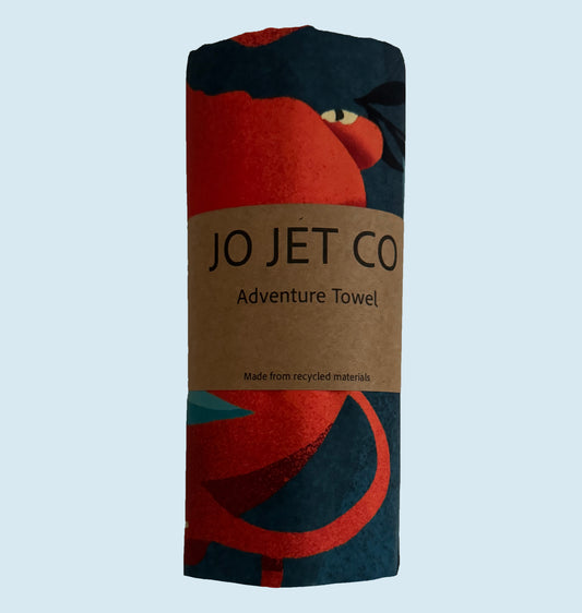 Light weight, quick-drying, and absorbent towel. Size: 63” x 31”. Microfiber suede weave. Compact. Quick-drying. Double sided print. Made from post-consumer recycled materials.